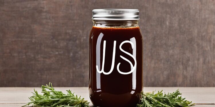 Ein Glas mit gebrauchsfertigem Jus zum Verfeinern von Grillgerichten