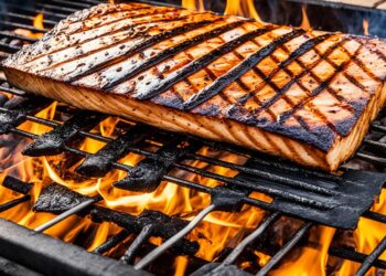 Zubereitung von Speisen auf einer Holzplanke beim Grillen