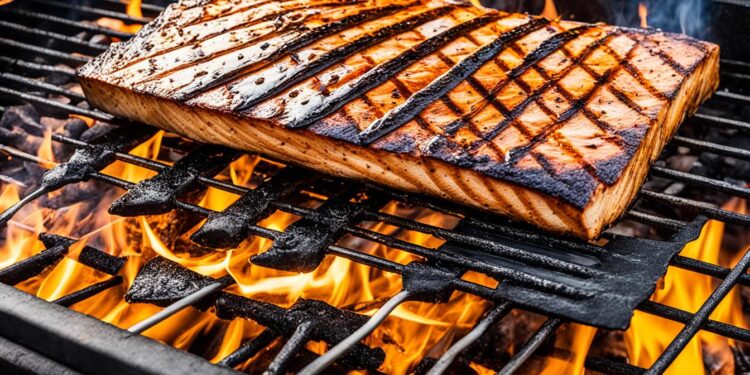 Zubereitung von Speisen auf einer Holzplanke beim Grillen